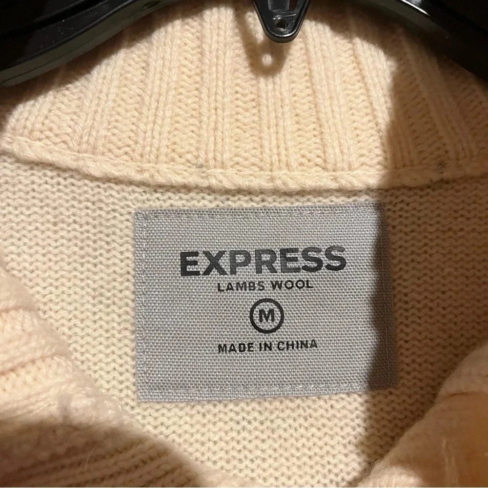 Express 100% Lambs Wool Sweater Cream  Mens M Henley Mock Neck - Picture 3 of 7